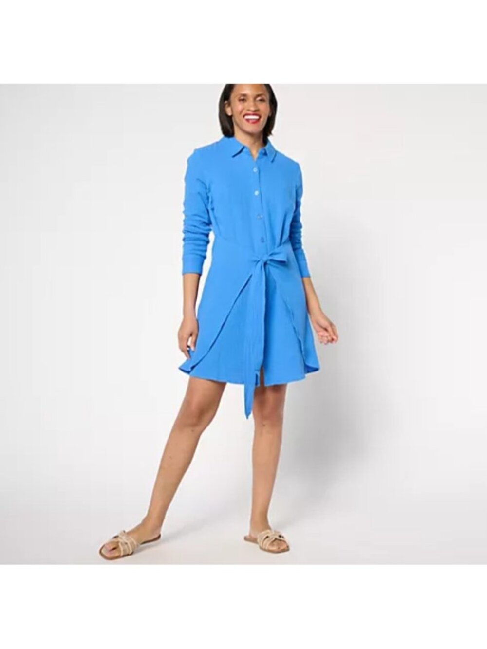 Belle by Kim Gravel Women Dress Shirt Sz L Gauze Tie Front Blue A643857